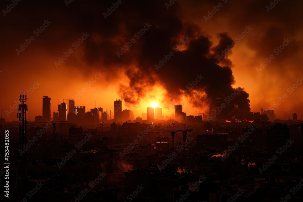 Silhouette of a city skyline with rising smoke after air strikes