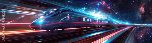 Panoramic scene of a high-speed train traversing the cosmic expanse © Atchariya63