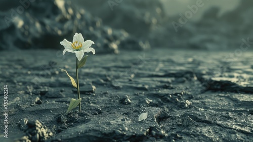 A single blooming flower on a barren, scorched earth, symbolizing hope and calm resurgence amidst devastation. 8k