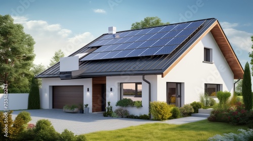 Solar panel on factory or house roof top. Photovoltaic power supply systems. Solar power plant. The source of ecological renewable energy, environment, power, technology