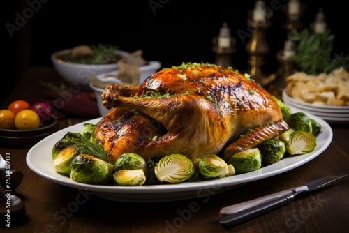 Food photo Holiday roast featuring a whole chicken stuffed with sweet garleek, herbs, and lemon slices, a mouthwatering centerpiece with the distinctive flavors of leek and garlic