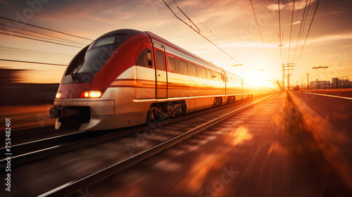 Blurred motion of sunrise passenger train