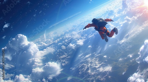 A free-falling skydiver with an expansive view of the earth below, symbolizing the thrill and freedom of soaring through the skies. 