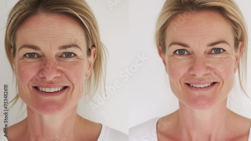 Before After anti aging face photo skin spa mature woman 40s perimenopause wrinkle fine line saggy jowls lady afterwards smooth glow clear firm micro needling thread lift collagen fillers injectables