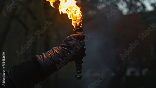 a hand with a black leather glove holding a olympic fire torch  © نيلو ڤر