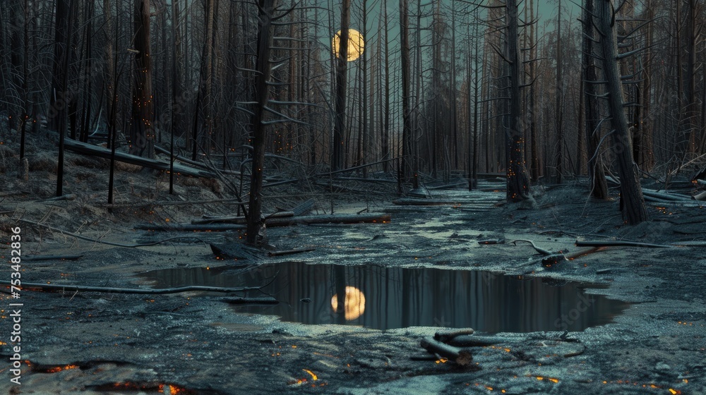 In the middle of a forest destroyed by wildfires, there is a tiny, serene pond that reflects the moon. It is a haven of calm amid the destruction. 