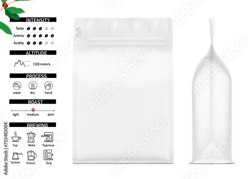 Realistic coffee bag mockup. Front and side views. The set helps to present coffee. Suitable brewing methods for your coffee blend. Can be use for your design, advertising, promo and etc. EPS10.