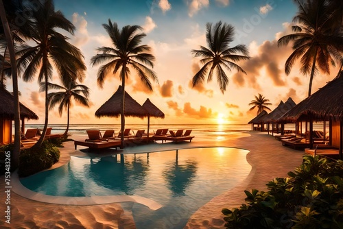 Tropical resort with sunset near beach