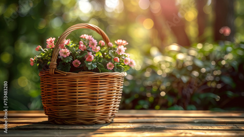Empty basket with tablecloth on wooden table over green bokeh background. Spring and easter mock up for design.