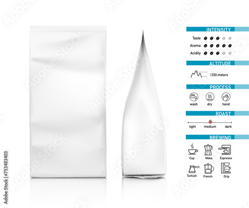 Coffee bag mockup. Front and side view. Vector illustration isolated on white background. Suitable brewing methods for your coffee blend. Can be use for your design, advertising, promo and etc. EPS10.