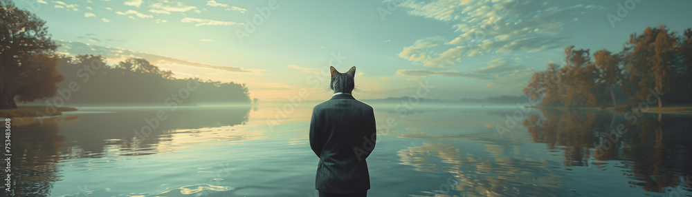A cat in a suit stands in front of a body of water. The water is calm and reflects the sky above