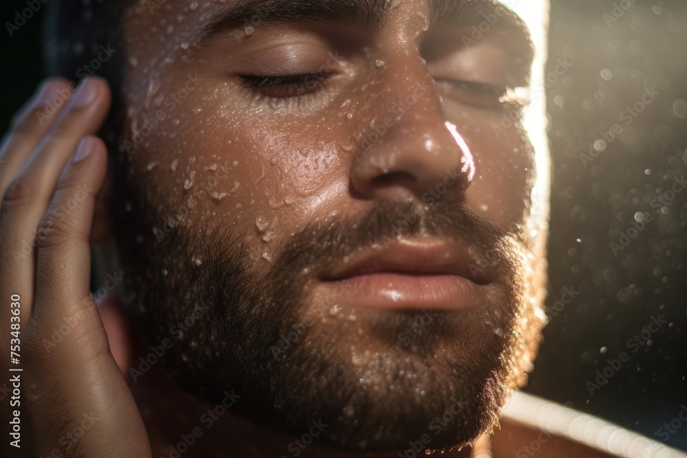 
Close-up of a man gently exfoliating his skin, embodying soft masculinity through his commitment to maintaining a clear and smooth complexion.