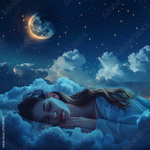 A serene woman asleep amidst ethereal clouds under a starry sky with a glowing moon illuminating her peace