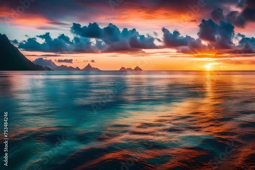 Stunning colorful sunset sky with clouds on the horizon of the South Pacific Ocean. Lagoon landscape in Moorea. Luxury travel. © Eun Woo Ai