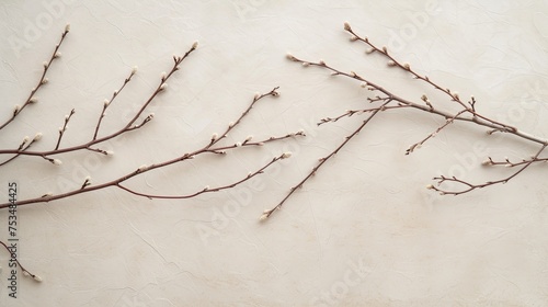 A minimalist design featuring thin, wispy branches of willow catkins laid out on a smooth ivory surface.