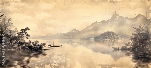 Antique-style Chinese landscape painting. The artwork presents a serene lake scene with a lone boat, distant mountains, and overhanging trees, sepia tone photo