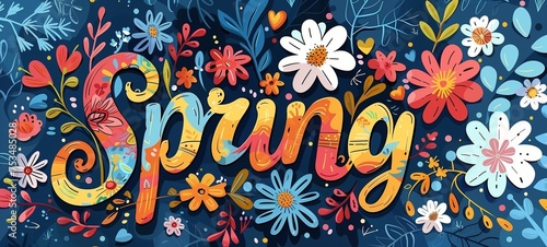 Joyful Spring logo with florals. The festive design features colorful hand-drawn flowers and decorative elements surrounding bold, patterned letters spelling out "Spring"