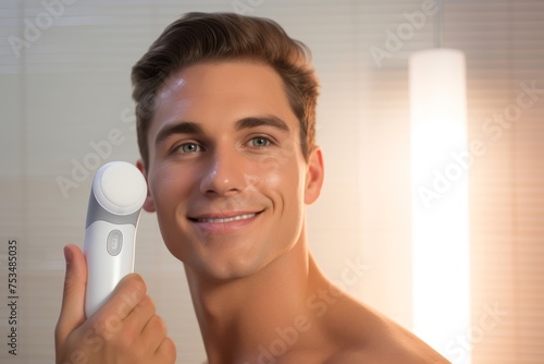 
Close-up portrait of a man confidently using a facial cleansing brush, epitomizing soft masculinity through his dedication to a thorough skincare routine. photo