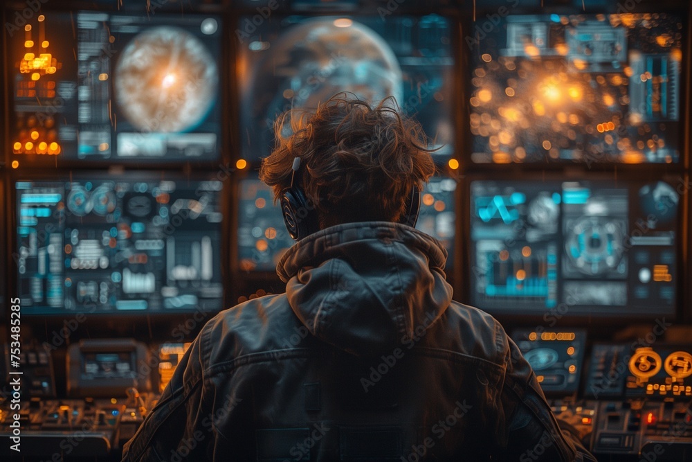 Astrophysicist Analyzing Celestial Bodies and Troubleshooting Spacecraft Systems at Mission Control Astrophysicist Analyzing Celestial Bodies and Troubleshooting Spacecraft Systems at Mission Control