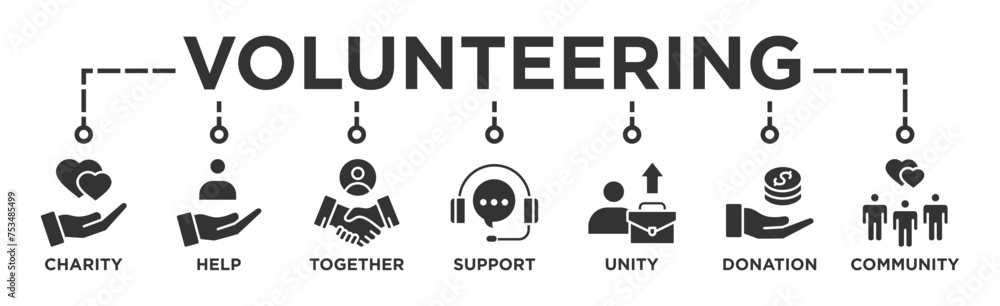 Volunteering banner web icon vector illustration concept for volunteer aid assistant with icon of charity, help, together, support, unity, donation, and community Volunteering banner web icon vector illustration concept for volunteer aid assistant with icon of charity, help, together, support, unity, donation, and community