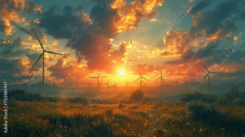 Wind Turbines, green energy, Sun, sky, mountains 