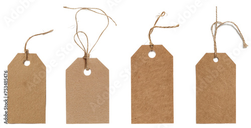 Craft paper tag with twine on white background, product shot, close shot, professional photography, studio lighting
