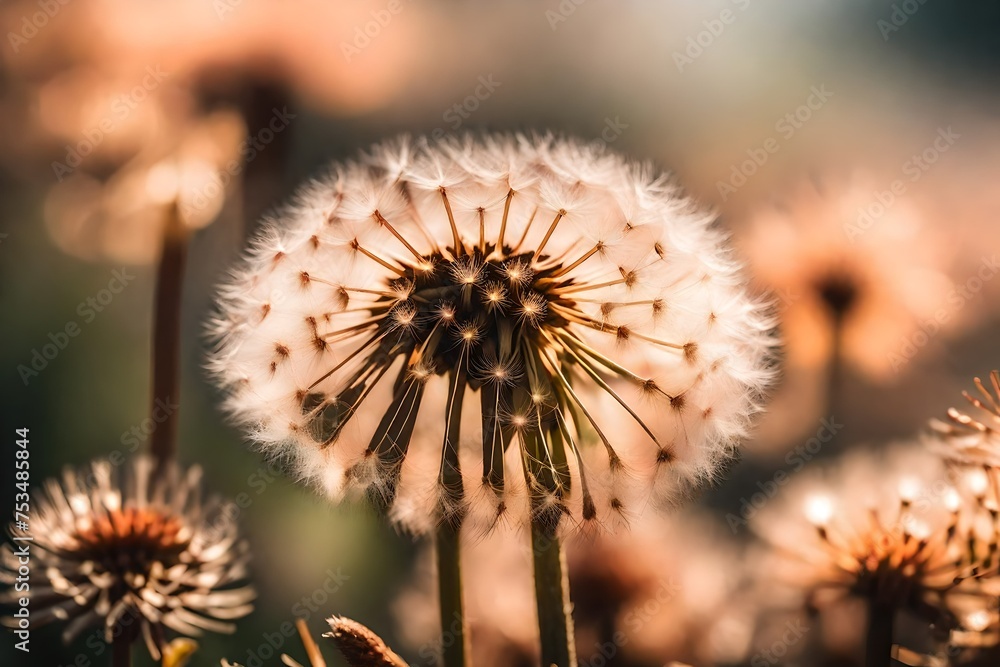 A tranquil and atmospheric photograph capturing the serene beauty of a peach-colored dandelion.