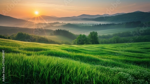 The sun rises, casting rays of light across verdant hills and fields, signaling the start of a new day in the countryside.