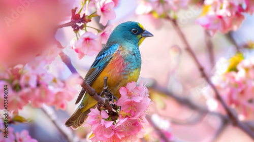 Vibrant Songbird Perched Among Cherry Blossoms, A Vivid Display of Spring and Natural Beauty © Nongkran