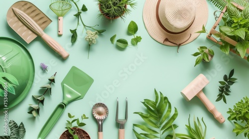 Flat lay of gardening tools, a straw hat, and fresh green plants on a soft mint green background.