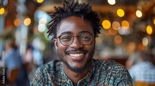 Youthful entrepreneur with a joyful smile working on laptop in a vibrant cafe, a portrait of success.