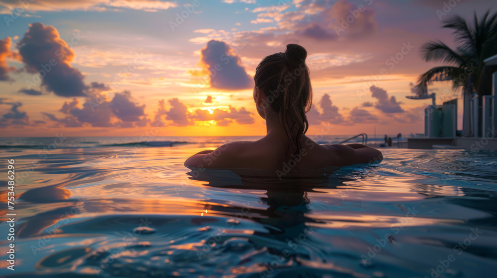 Woman enjoying a tranquil sunset from an infinity pool, a serene end to the day in a tropical paradise. Woman enjoying a tranquil sunset from an infinity pool, a serene end to the day in a tropical paradise.