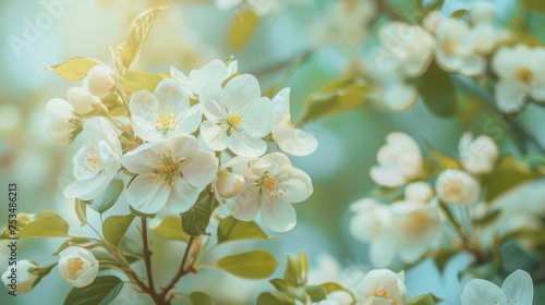 Close-up view of white apple tree blossoms in full bloom, with a soft-focus background in springtime. © doraclub