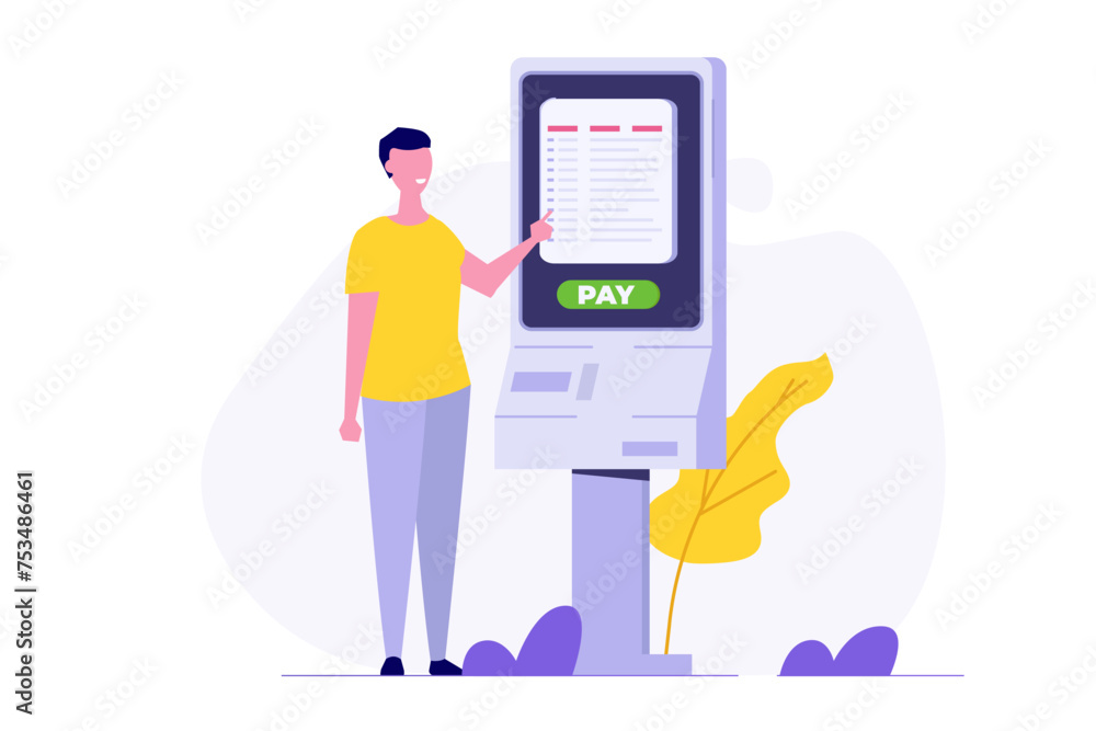 Man using self service terminal, Interactive information kiosk concept. Flat Vector illustration for banner, website, landing page, flyer. Man using self service terminal, Interactive information kiosk concept. Flat Vector illustration for banner, website, landing page, flyer.