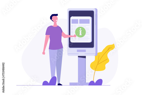 Man using self service terminal, Interactive information kiosk concept. Flat Vector illustration for banner, website, landing page, flyer.