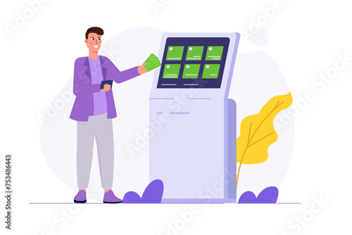 Man using self service terminal, Interactive information kiosk concept. Flat Vector illustration for banner, website, landing page, flyer.