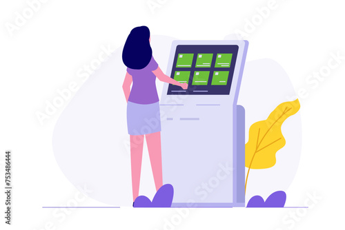 Woman using self service terminal, Interactive information kiosk concept. Flat Vector illustration for banner, website, landing page, flyer.