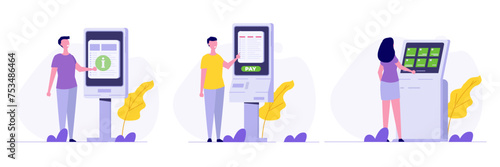 People using self service terminal, Interactive information kiosk concept. Flat Vector illustration for banner, website, landing page, flyer.