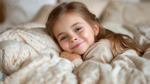 A young girl peacefully rests under a cozy blanket in bed