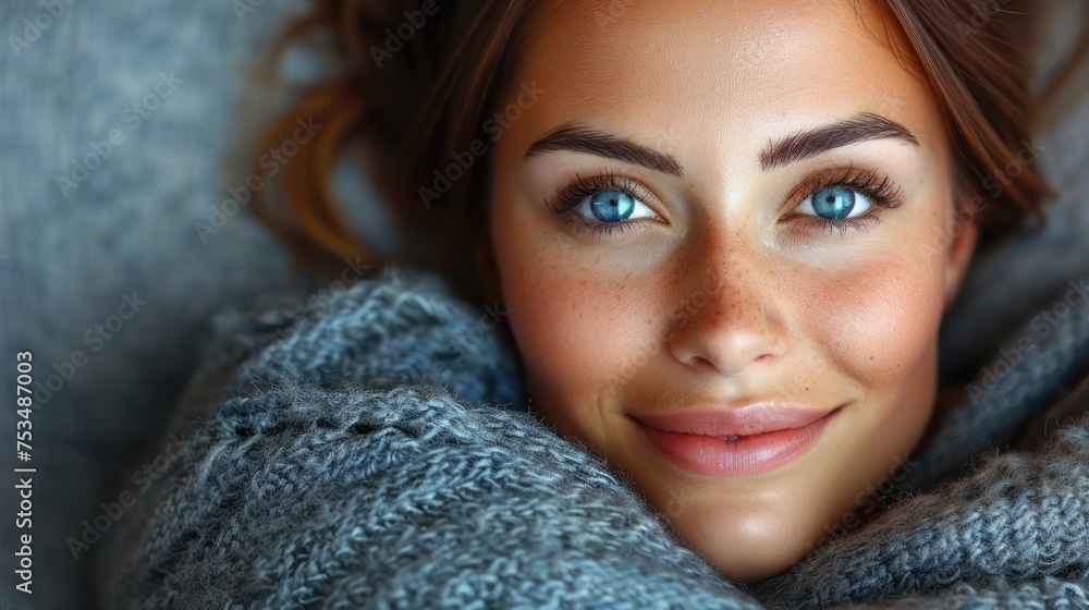 A woman with striking blue eyes up close A woman with striking blue eyes up close