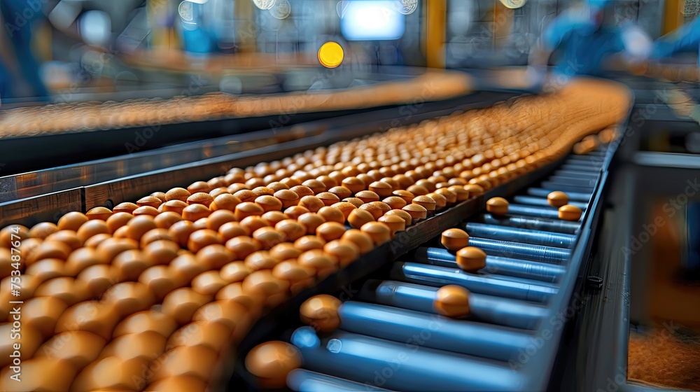 Pills on an industrial conveyor belt in a pharmaceutical factory