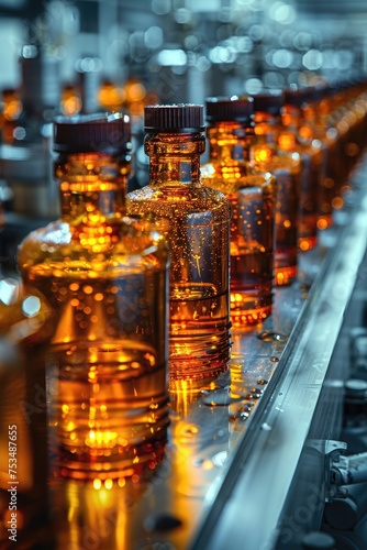 Amber glass bottles on a pharmaceutical production line