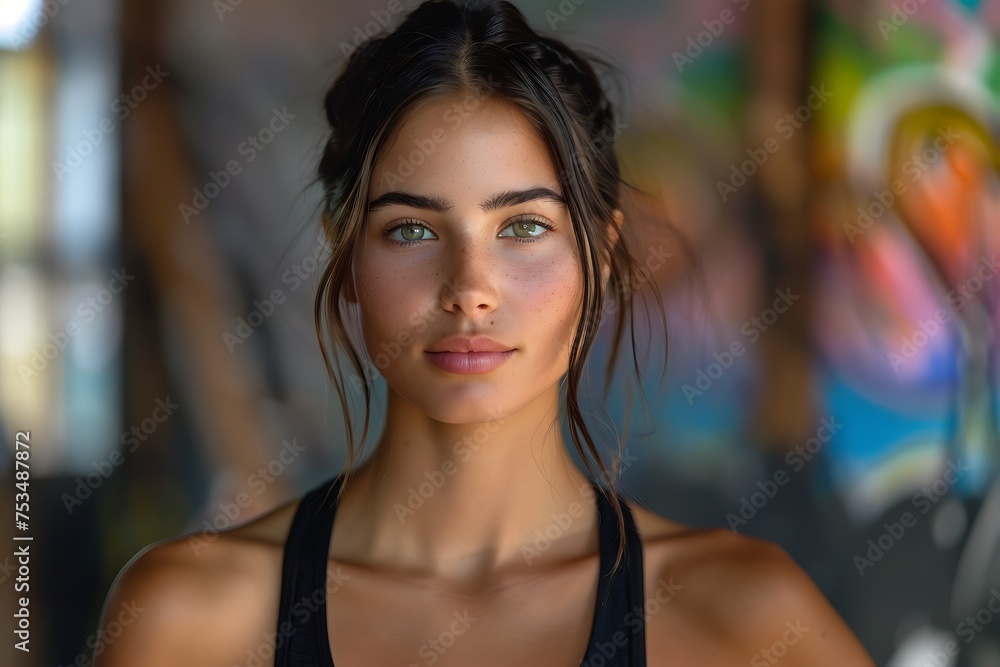 Fototapeta premium sporty beautiful yoga girl in a black top looks at the camera generated by AI