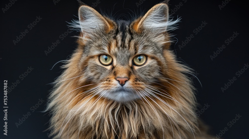 A long haired cat with green eyes looking directly at the camera
