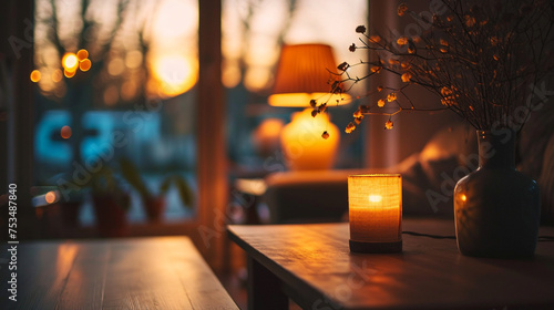 interior of a restaurant with burning candle  photo