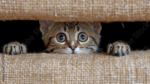 A cat peeking out from behind a burlock
