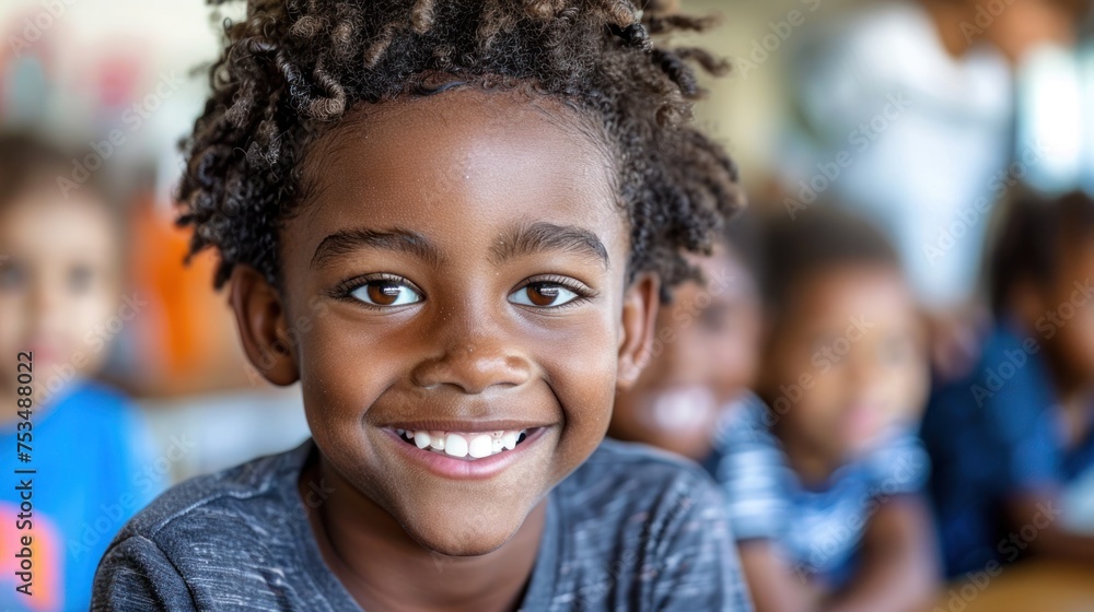 A young girl is smiling while standing in front of a diverse group of children A young girl is smiling while standing in front of a diverse group of children