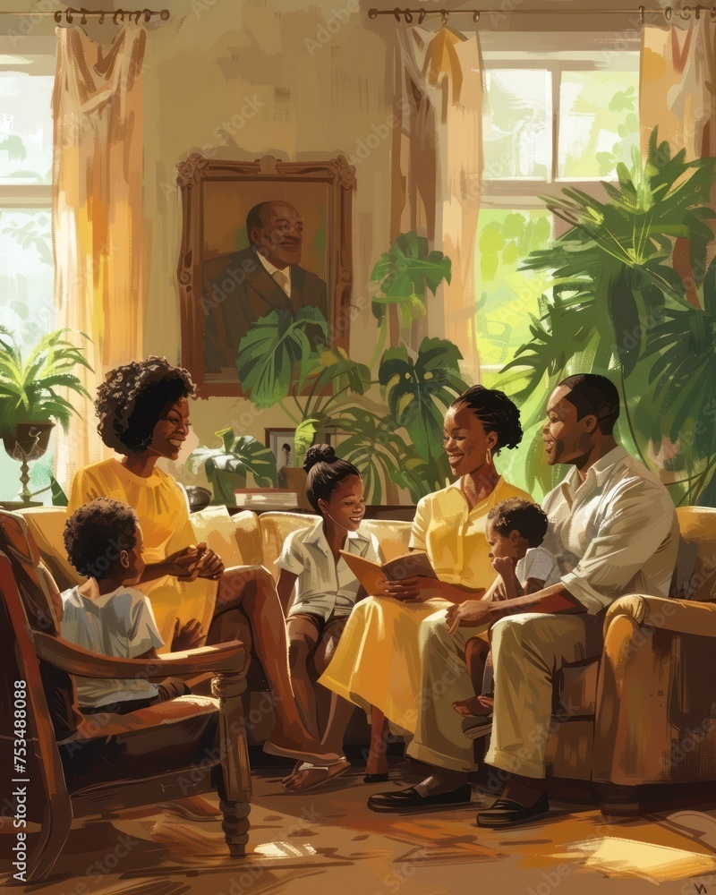 A joyful Black family gathering in a warm, inviting home - obrazy, fototapety, plakaty 
