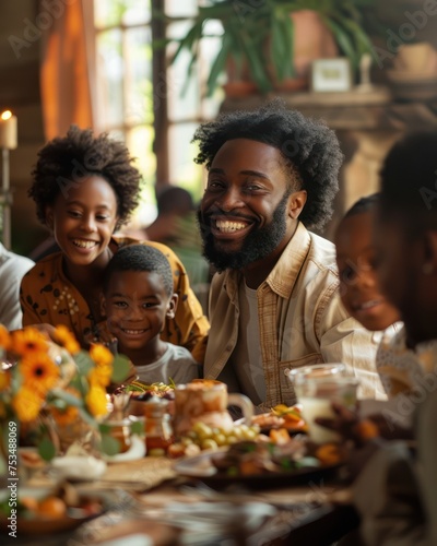 A joyful Black family gathering in a warm  inviting home