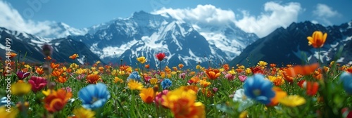 Colorful flowers covering the field with majestic mountains in the background © Viktor